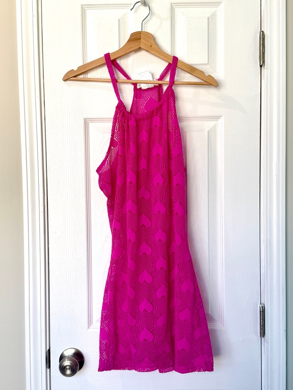 Bright Fuchsia Mesh Crochet Cover-Up Mini-Dress